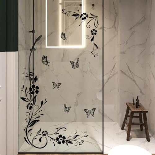 Runtoo Adesivi da parete con fiori rampicanti neri floreali anti-collisione decalcomanie farfalla vetro porta decorazione da parete per bagno, soggiorno, camera da letto, asilo nido decorazione
