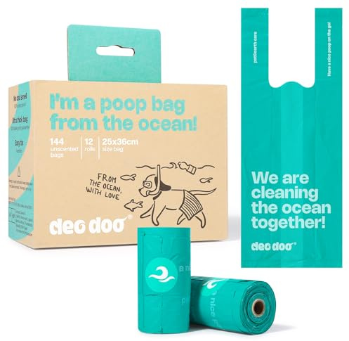 Deo Doo Hundekotbeutel mit Henkel, 12 Rollen 144 Stück Großformat Hunde Kotbeutel Rollen, 27 * 37cm Aus Recycelten Materialien Hergestellt, Auslaufsichere und Starke Kotbeutel für Katze