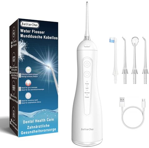 Betterchoi Munddusche Kabellos für Erwachsene, Water Flosser, 4 Reinigungsmodi, 1800 Impulse, 300ML Wassertank, IPX7 Wasserdicht, USB Typ-C Aufladung für Haus & Reisen (Weiß)
