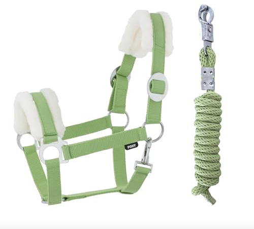 JA Horse JA4004 Comfort Kunstfell Halfter Set Panikhaken, Grün, Pony | Comfort Pferdehalfter mit Kunstfell Führstrick Set, verstellbar mit Panikhaken für Pferd Holzpferd