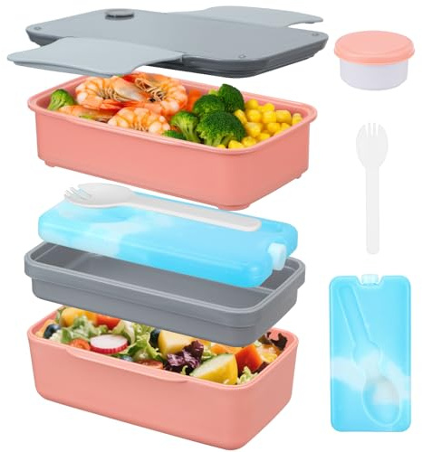 Globright Bento Lunch Box for Kids,5 Stackable Containers for Adults, Leak-Proof Built-in Utensil Set Reusable Ice Pack (Pink)