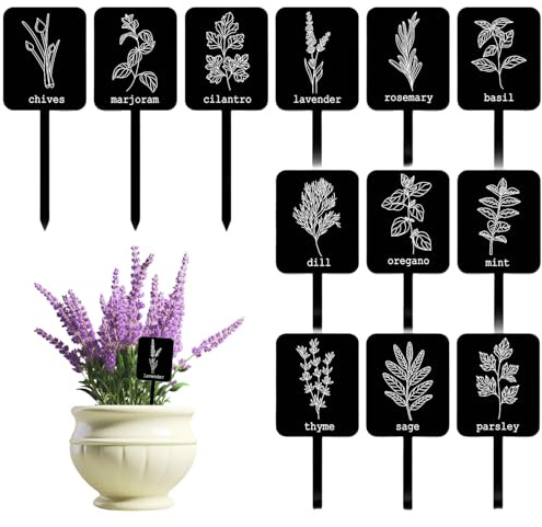 Kotkiddy 24 Stück Acryl Pflanzenetikett Schilder 12 Stile Garten Kräuter Markierungen Pflanzen Stake Etiketten Schwarze wasserfeste Etiketten für Gewächshaus