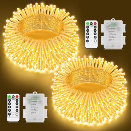 JXLEDAYY 2 Stück Lichterkette Batterie, 120 LED Warmweiß Lichterkette Innen mit Fernbedienung Timer 8 Modi Transparente Kabel Waterproof für Kinderzimmer Zimmer Balkon Garten Camping