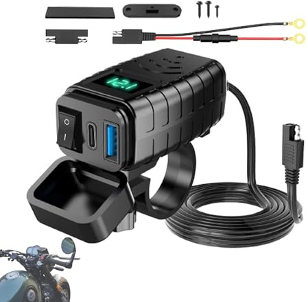 Caricatore per telefono USB per moto - Ricarica rapida PD 3.0 USB con voltmetro e presa ON OFF | Porta di ricarica impermeabile Moto Scooter ATV, adattatore per caricabatterie per dispositivi mobili e
