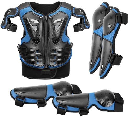 5 Stück Motorrad Schutz Jacke,Kinder Motorrad Rüstung Mit Knieschoner Ellbogenschoner Brustpanzer Racing Für Outdoor Sport - 4/6/8/10/12/14 Jahre, Blau Schwarz