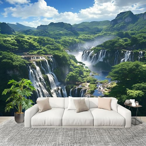 Paisaje de MontañA Y Cascada Fotomurales Pared Papel Pintado 300x210 cm Verde Tejido No Tejido Fotomurales Dormitorio Para la sala Decoración de pared tipo póster Fondo De Pantalla
