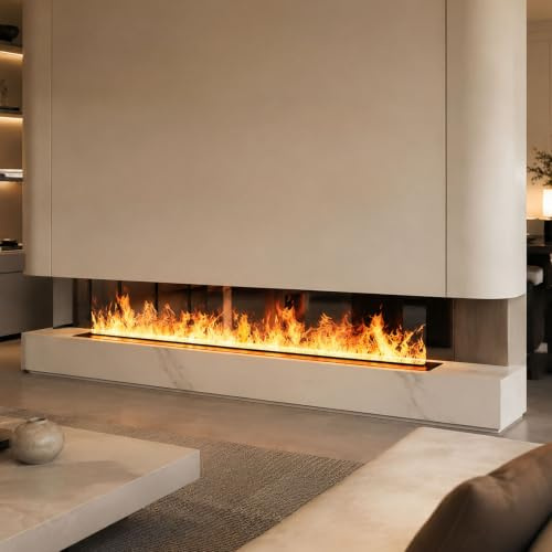 ZHNANDAMAI Dekorativer elektrischer Wasserdampf-Kamin-Luftbefeuchter mit 3D-Zerstäubungsflamme, 3 mm ultradünnem Panel, Gebürsteter Edelstahl, ohne Heizung,100cm/39.3in |