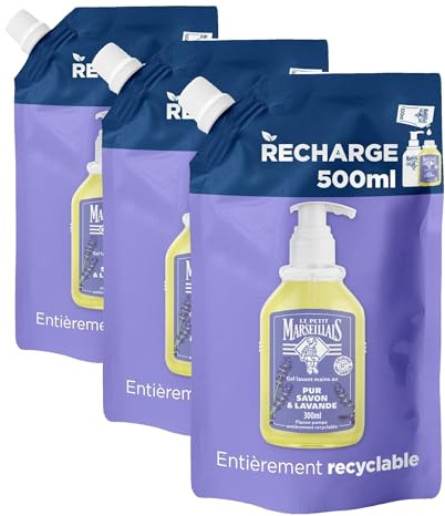Le Petit Marseillais Recharge Gel Lavant Mains Pur Savon & Lavande (écopack de 500 ml) – Recharge savon liquide pour flacon-pompe – Savon mains à l’huile essentielle de lavande (Lot de 3)