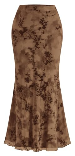 BTFBM Womens Floral Mesh Maxi Skirt 2026 Spring Summer Elastic High Waisted Boho Elegant Mermaid Long Skirts for Women(Brown, X-Large)