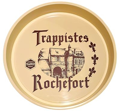Trappistes Rochefort autentisk serveringsbricka, beige metall, Abbey-stil, belgisk vintagedekoration