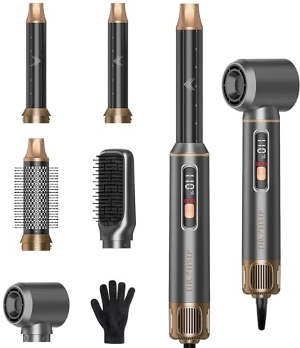 Dryhsip Brosse Soufflante 5 en 1 Avec écran Numérique, Sèche Cheveux Brosse, Brosse Coiffante Ionique, Boucleur Automatique et Iisseur, Pour Volume, Boucles et lissage (Carbon Grey) | Brosse à cheveux ionique négative, brosse professionnelle pour boucler, lisser, coiffer (gris doré)