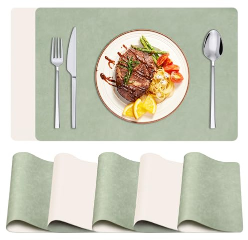 ZCLIKEU 6er Set Platzsets Abwaschbar, Tischsets Abwaschbar, Wasserfest Kunstleder Tischunterlage Esstisch, Doppelseitig Hitzebeständig Für Küchen, Restaurants (Hellgrün+Beige) 45x30cm