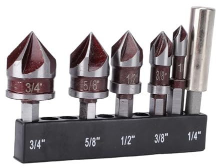 Hamwesh Broca Avellanadora, 85 Grados, 5 Flautas M35 Cobalto HSS, Juego de Brocas Avellanadoras, 5 Flautas con Vástago Hexagonal para Madera, Plástico, Acrílico, Cobre, Aluminio, Tamaños 1/4