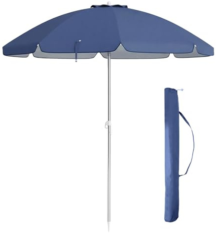 RELAX4LIFE Ombrellone da Spiaggia con 8 Stecche Stabili e Palo Alluminio Centrale Inclinabile, Protezione solare e impermeabile, Borsa di Trasporto Inclusi, 182 x 182 x 213 cm (Navy)