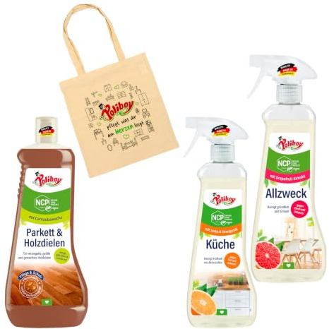 Poliboy NCP Parkett & Holzdielen Pflege (1000 ml), Bio Küchen Reiniger (500 ml) und Bio Allzweck Reiniger (500 ml) + Baumwolltasche - Vegan - Made in Germany