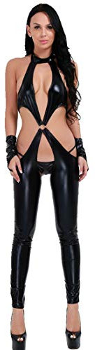 MSemis Women's Wet Look Faux Leather Lingerie Catsuit Bodysuit with G-String Thongs and Gloves Black One_Size