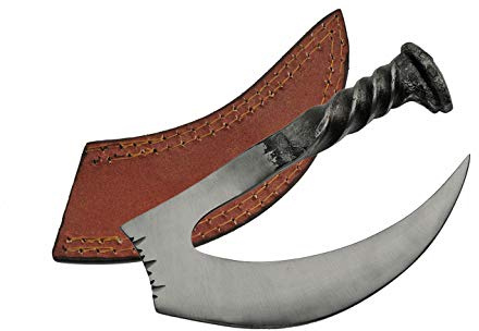 SZCO Supplies 6” Railroad Spike Karambit – Carbon Steel Mini Scythe Knife with Twist Pattern Handle and Leather Sheath
