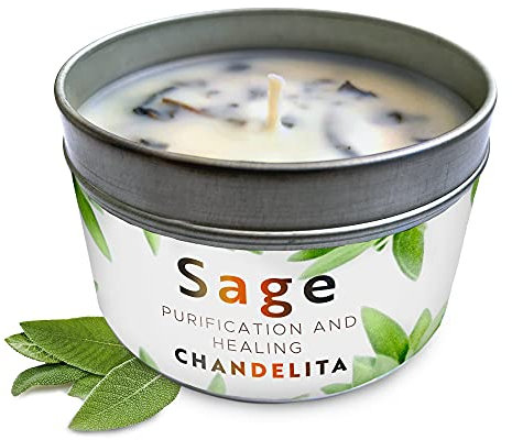CHANDELITA Aroma-Kerze aus reinem Salbei für Segen und Energie im Haus, Salbeiblätter, mit Sojawachs zur Reinigung, Entspannung, Meditation und Heilung von Chakren (1 Einheit)