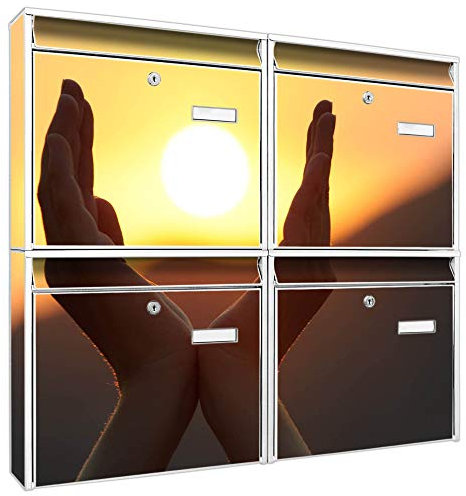 banjado Briefkastenanlage 4 Fach - Postkästen groß - verzinkter Stahl weiß DIN A4 Motiv Sonnenanbeter - Briefkasten Set 4 Briefkästen Namensschild, 2 Schlüssel, Montagematerial