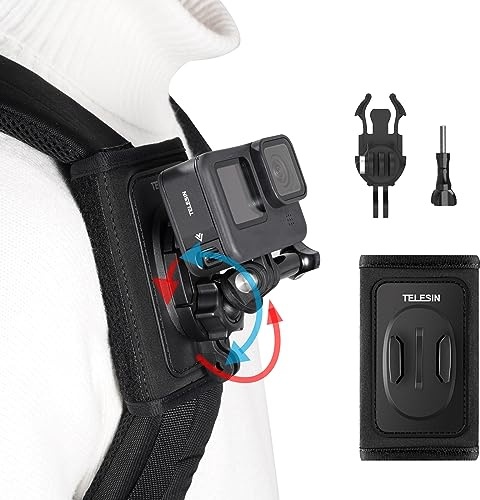 TELESIN 360° Backpack Mount with Quick Release Tripod Adapter, Shoulder Strap Bag Belt Clip POV Hiking Holder Accessories for GoPro 12 11 10 9 8 7 Insta360 X3 GO3 Ace Pro DJI Action 4 Osmo Pocket 3