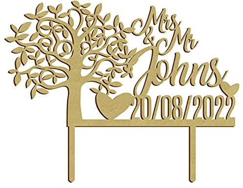 Personalisierter Hochzeits-Torte Topper Baum der Liebe mit Namen 25 x 20 cm Hochzeitstorte Dekoration (Gold)