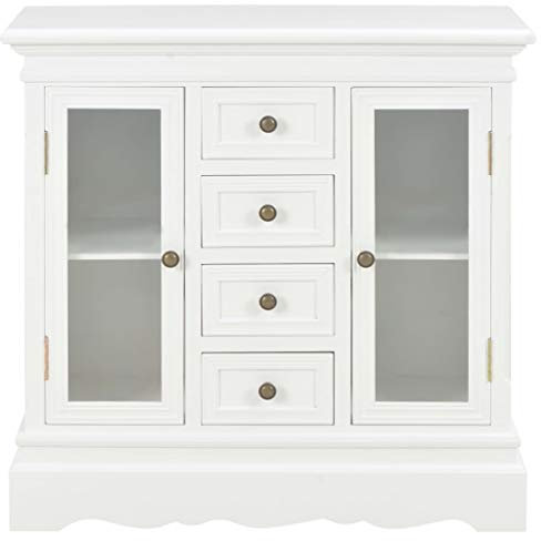 Tidyard Sideboard mit 4 Schubladen und 2 Glastüren Kommode Vitrinenschrank Beistellschrank Mehrzweckschrank Massivholz Kiefer Weiß 70×28×70 cm