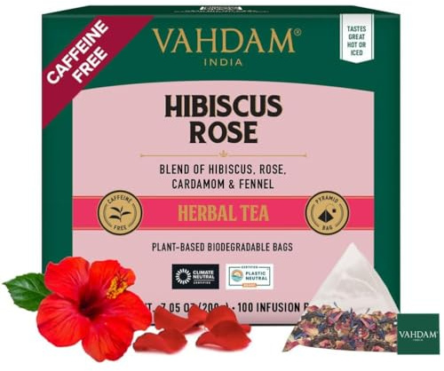 VAHDAM, Hibiscus Rose Tea Bags - 100% Whole Hibiscus Flowers Herbal Tea Bags (100 Count) With Rose, Chamomile & Exotic Spices | Caffeine Free, Floral Flavor Tisane | Resealable Ziplock Pouch