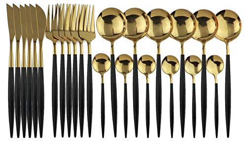 24 stücke Gold Geschirr Set 18/10 Edelstahlbesteck Set Gabelmesser Löffel Geschirr Set Flatware Set Silberwaren Set essgeschirr (Color : Black Gold)