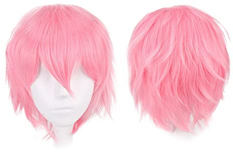 Gairyan Perücke Rosa Perücke Damen Unisex Anime Cosplay Wig Kurze Synthetische Perücke Frauen Herren Gerade Perücken Halloween Perücke Karneval Kostüm Themen Party Kostüm + Gratis Perückenkappe