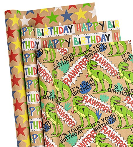 RUSPEPA Geburtstags-Geschenkpapierrollen – 43 cm X 3 m Pro Rolle, Insgesamt 3 Rollen, Geburtstags-Dinosaurier
