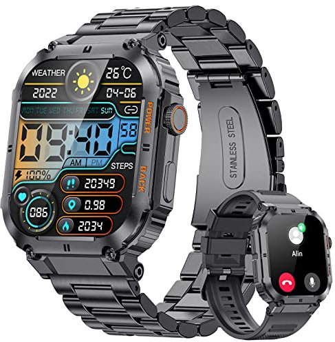Smartwatch Herren Militärische mit Telefonfunktion,1.96'' HD Touchscreen,100+ Sportmodi Aktivitätstracker mit Herzfrequenz/SpO2/Schlafmonitor/Schrittzähler,400mah Sportuhr,5ATM Wasserdicht Schwarz