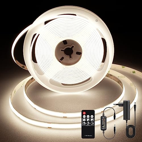 TTWAY COB LED Streifen 2M, 4000K Naturweiße LED Streifen mit Netzteil und Fernbedienung, DC24V, 480LEDs/M, CRI 90+, 8mm Breite, Dimmbare LED Strips für die Raumdekoration