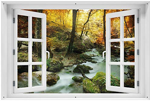 Wallario Outdoor-Poster für Garten oder Balkon Wasserfall mit moosbedeckten Steinen im Herbstwald, Motivbanner Größe: ca. 60 x 90 cm mit Fenster-Illusion