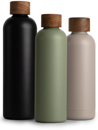 T&N Edelstahl Trinkflasche 750ml, Thermosflasche 0.75l mit Akazienholz Deckel, Isolierte Wasserflasche auslaufsicher bei Kohlensäure, Isolierflasche 750 ml - Olive Green