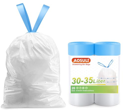 AOSULI White Bin Bags 30L-35L, 20 Count Drawstring Kitchen Pedal Bin Liners | Leak-Proof Design, Durable, Strong Rubbish Bags for Clean, Easy Waste Disposal