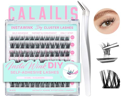 CALAILIS Selbstklebende Wimpern 72 Stück D Curl Druck auf Kein Kleber erforderlich Einzeln Wimpern Vorgeklebt Wiederverwendbares Kleberfreies mit Pinzette für Anfänger (ZBP10)