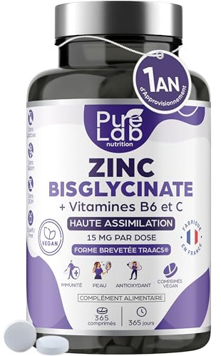 Zinc Bisglycinate + Vitamines B6 et C - Haute Absorption - Immunité, Antioxydant, Peau - Sans Lactose, Sans Gluten - Fabriqué en France - Cure 1 An, 365 Comprimés - Pure Lab Nutrition®