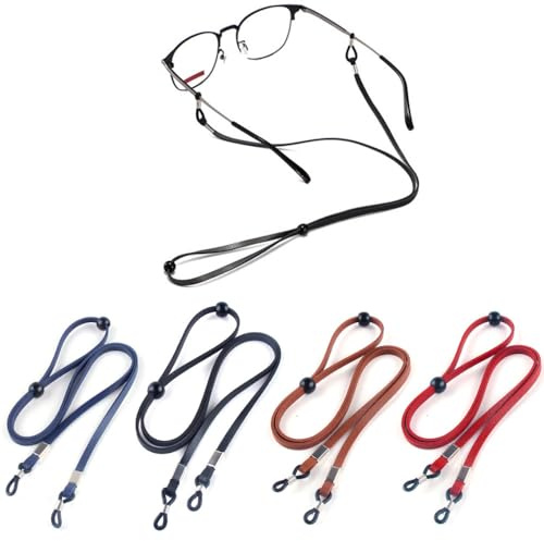 Bmeigo Glasses Chain 4 Pack - PU Leather Sunglasses Straps Spectacles Cord Lightweight Non-slip Eyeglasses String Eyewear Retainer Reading Glasses Lanyard Around Neck for Women, Men, Outdoor, Sports