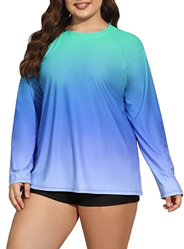 Halcurt Women's Plus Size Long Sleeve Rash Guard Swim Shirts UPF50+ Sun Protection Loose Fit Swimsuit Top Black Ombre Blue1 3X