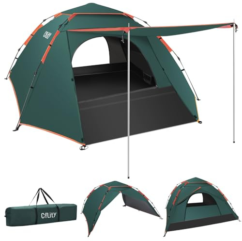Cflity Campingtält, 3-mans pop-up tält automatisk omedelbar tre lager vattentätt 4 säsonger stort kupoltält och skydd med utökad golvmatta veranda 2 hallstolpar avtagbar regnfluga