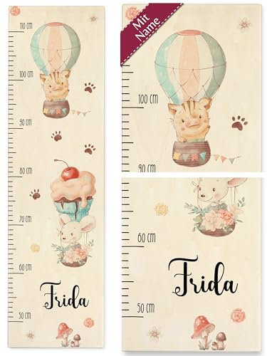 Messlatte Kind Holz - Tiere - Kindermesslatte Schwein und Maus in Heißluftballon mit Name I Geschenk für Kinder - 50-110 cm - Holz - ballon 160 tier meßlatte größe eichhörnchen metermaß