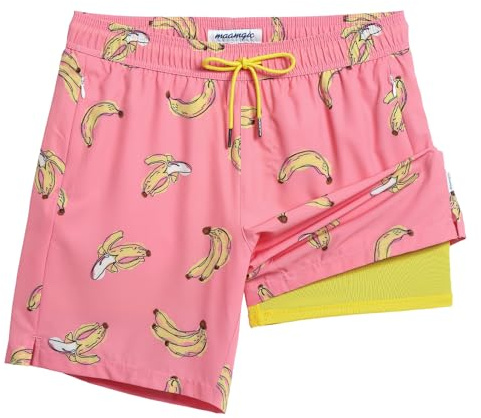 maamgic 17,8 cm Herren-Badehose mit Kompressionsfutter, Boardshorts mit Reißverschlusstasche, Badeanzug für Strandurlaub, Rosa und gelbe Bananen, XL