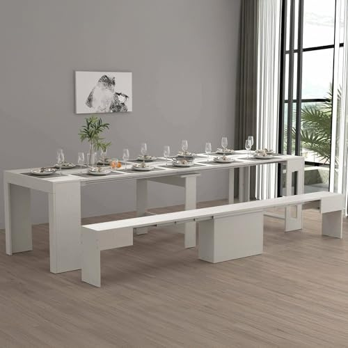 Dmora - Ensemble Table et chaises Crispin, Composition Polyvalente, Ensemble avec Console et 1 Banc Extensible, 100% Made in Italy, 66x25h45 cm, Blanc
