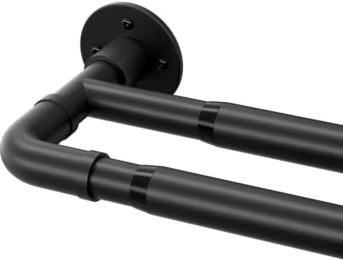 Starbover Asta per tende industriale, asta per tende a 2 vie, colore nero, 74-346 cm, asta per tenda allungabile in metallo, set per bastoni da giardino, montaggio a parete con supporti e terminali