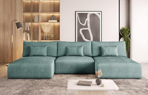 Easy4You Türkis Ecksofa Modulo Kord in U-Form 315 x 80 x 152 cm mit Schlaffunktion und Bettzeugbehälter - Schlafsofa mit Bettkasten - Eckcouch mit Stauraum - Stoff: POSO 26