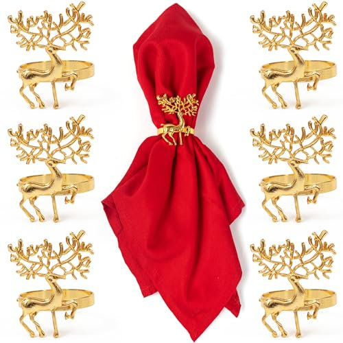 LivinEase Christmas Napkin Rings - 6 Pcs Reindeer Design Dinner Table Decorations - Alloy Material Napkin Rings - Premium Gold Look for Christmas Table Decorations