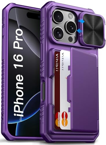 Vihibii for iPhone 16 Pro Case with Card Holder (4 Cards), Dark Purple | RFID Blocking] & Slide Camera Cover, Rugged Hard Back & Silicone Edge, Wallet Phone Case for iPhone 16 Pro 6.3 2024