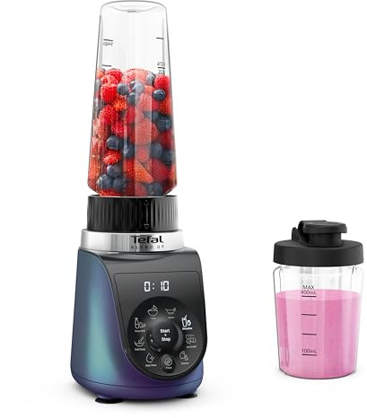 Tefal Blend Up Mini-Mixer, 8 automatische Programme, Pulsfunktion, abnehmbare Powelix-Klingen, inkl. 2 On-the-Go-Flaschen (400 + 700 ml), Silence-Modus, kompaktes Design, 1000 Watt, Blau, BL19H4F0