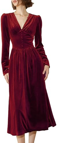 xxxiticat Women's Puff Sleeve Satin Maxi Dress Long Lantern Sleeve Button Down Ruffle Single Breasted Vintage Midi Dresses, Velvet Wine Red, M