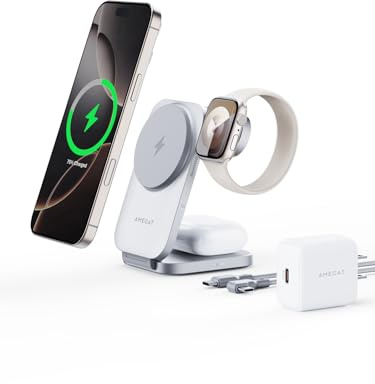 AMEGAT Station de Charge 3 en 1 Qi2, Chargeur Induction 15W Compatible avec Magsafe, Chargeur Pliable sans Fil pour Apple Watch, iPhone 17/Air/16/15/14/13/12, Pixel 10 Series, AirPods, Argenté